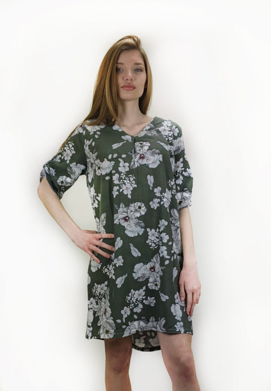 Mixed linen blouse dress with oblique cuff back for all-day comfort
