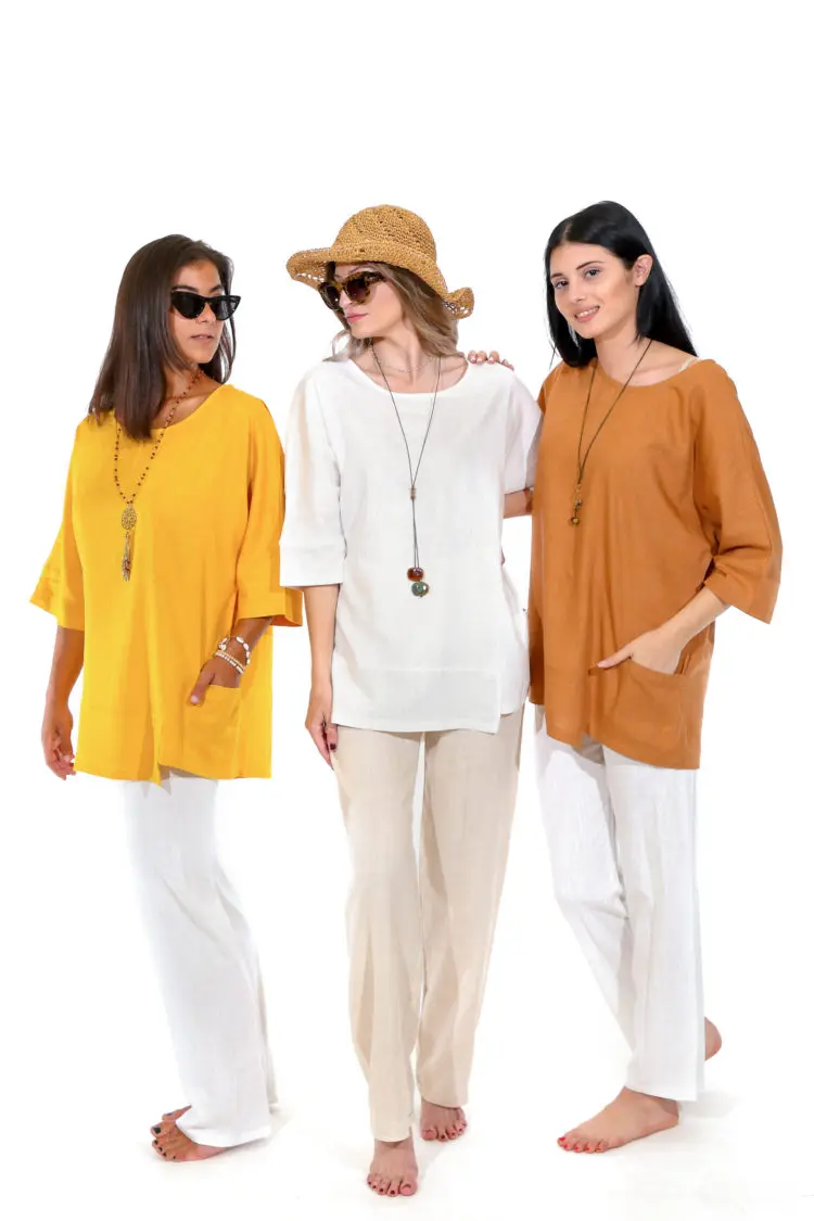 Mixed linen asymmetrical Blouse with side pockets made in Greece in a modern line