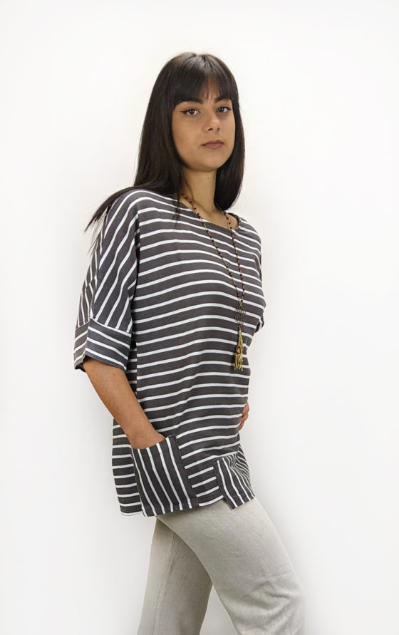 Mixed linen asymmetrical Blouse with side pockets made in Greece in a modern line