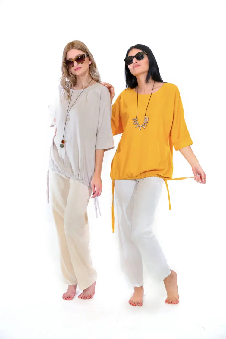 Mixed linen, ruffled side tie Women Blouse