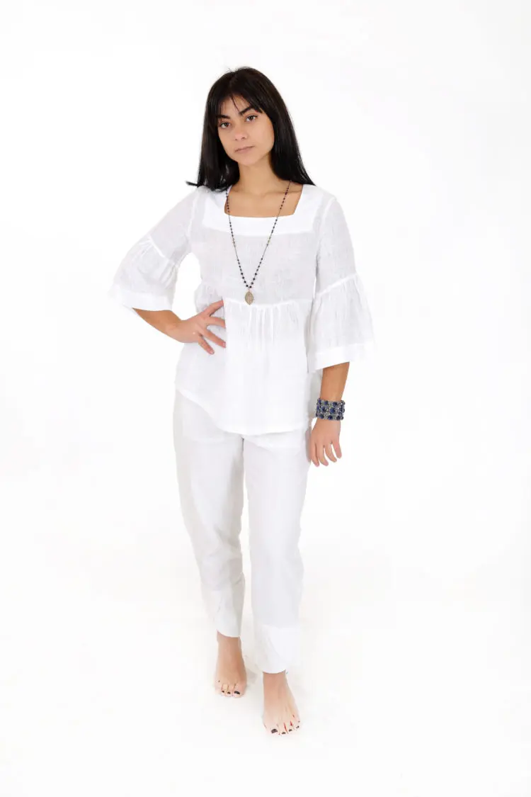 Mixed linen, gauze cloth three-quarter sleeve Blouse made in Greece