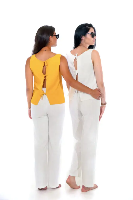 Mixed linen open back tied Top in different colors made in Greece