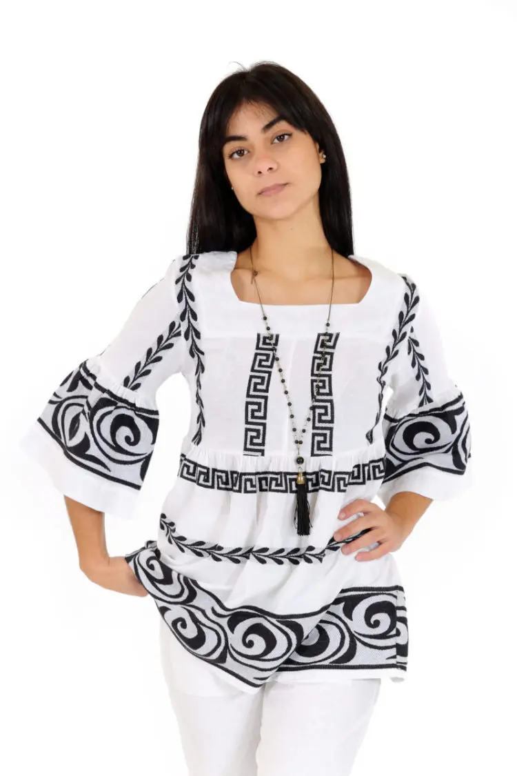 Mixed linen with three-quarter sleeve embroidered in jacquard design